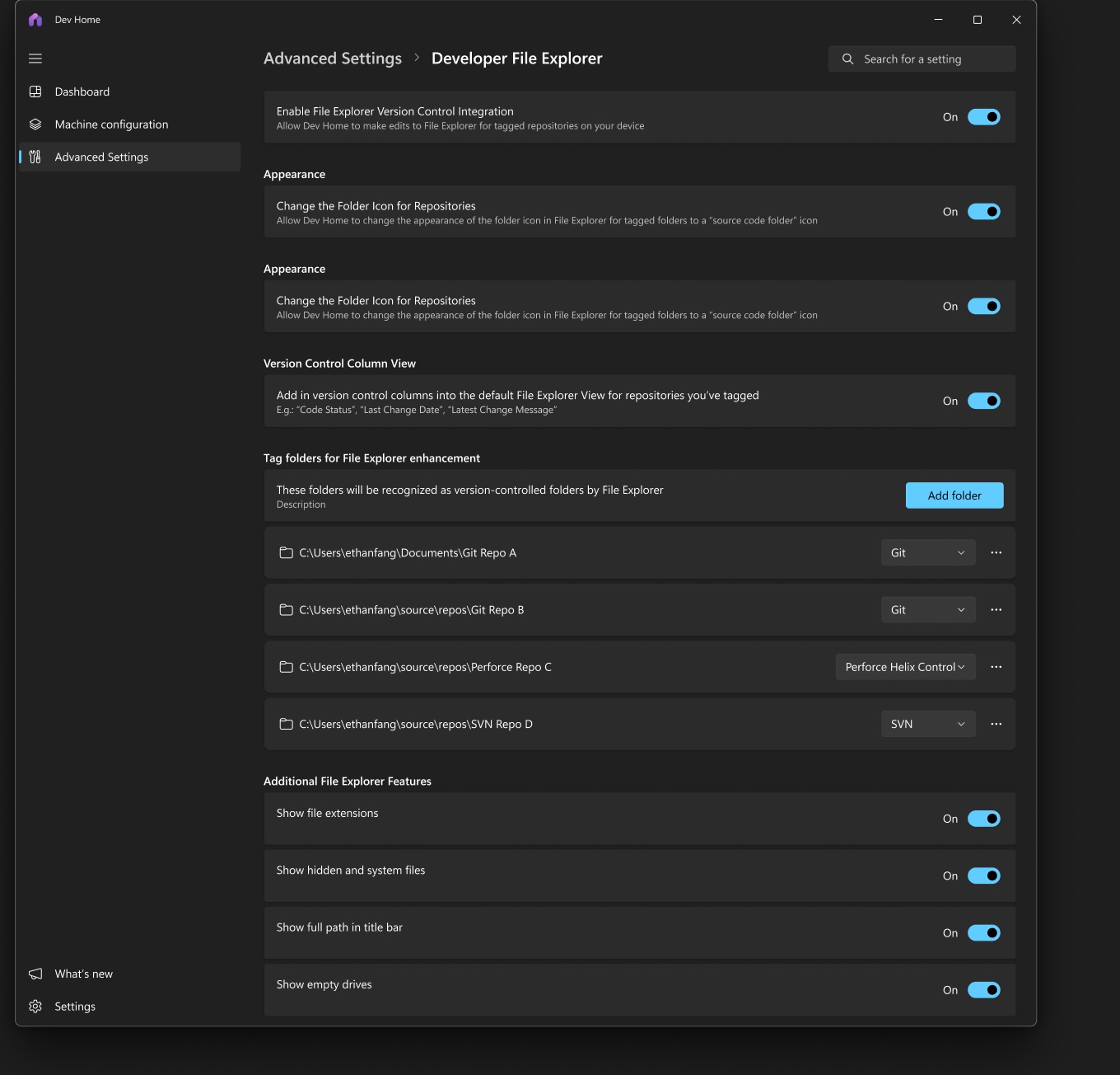 Configuración avanzada en Windows 11 Dev Home