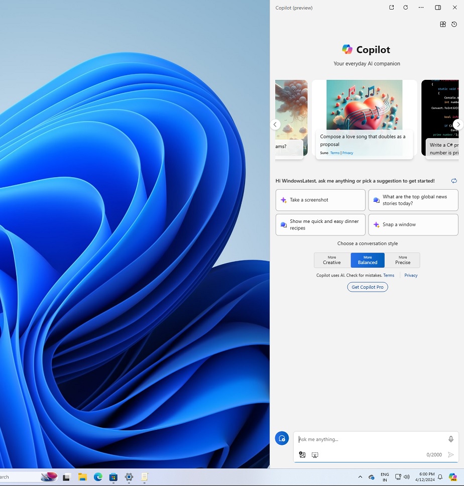 Barra lateral de copiloto de Windows 11