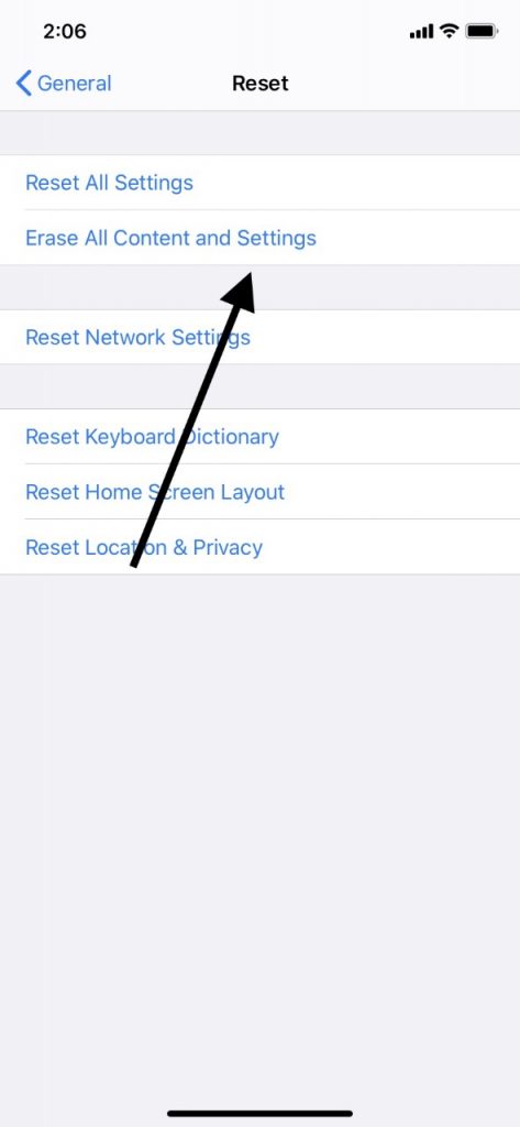 Borrar todo el contenido y la configuración para el congelamiento del iPad