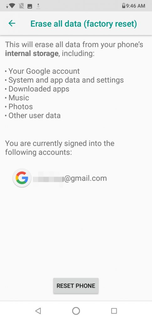 La pantalla de reinicio de fábrica de Samsung Galaxy