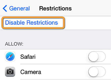 Deshabilitar restricciones en iPhone para corregir el error de iTunes