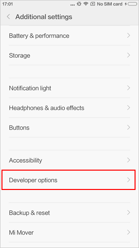 Encienda la depuración USB en el teléfono Xiaomi Mi