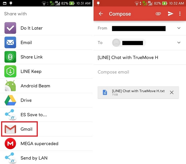 Exportar chat de línea a PC por correo electrónico en Android