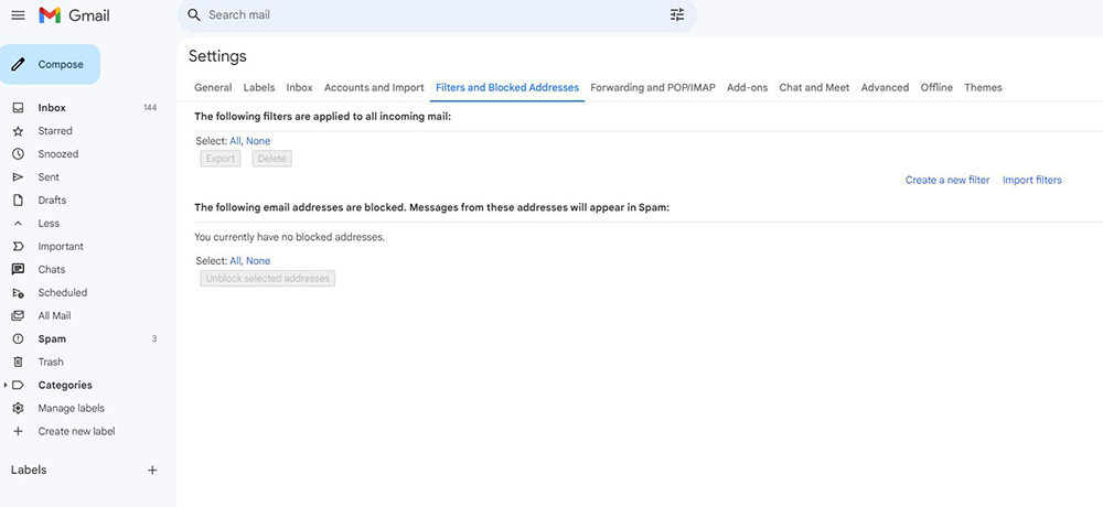 Filtros de Gmail y dirección bloqueada
