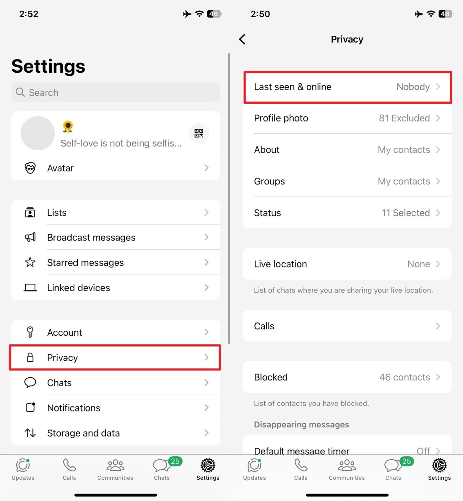 Acceso a la configuración de privacidad de WhatsApp