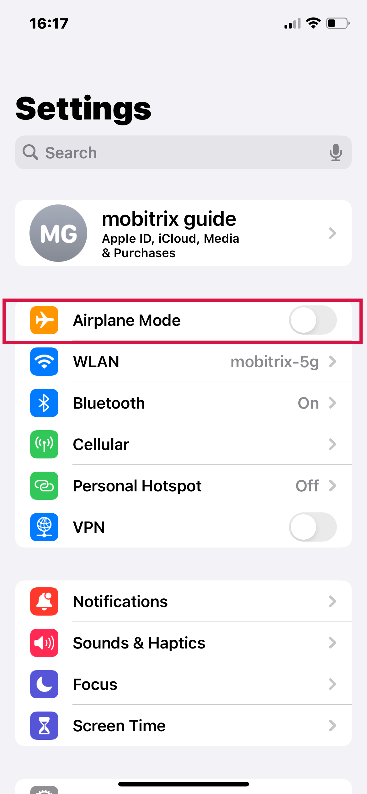 Modo de avión de configuración de iPhone