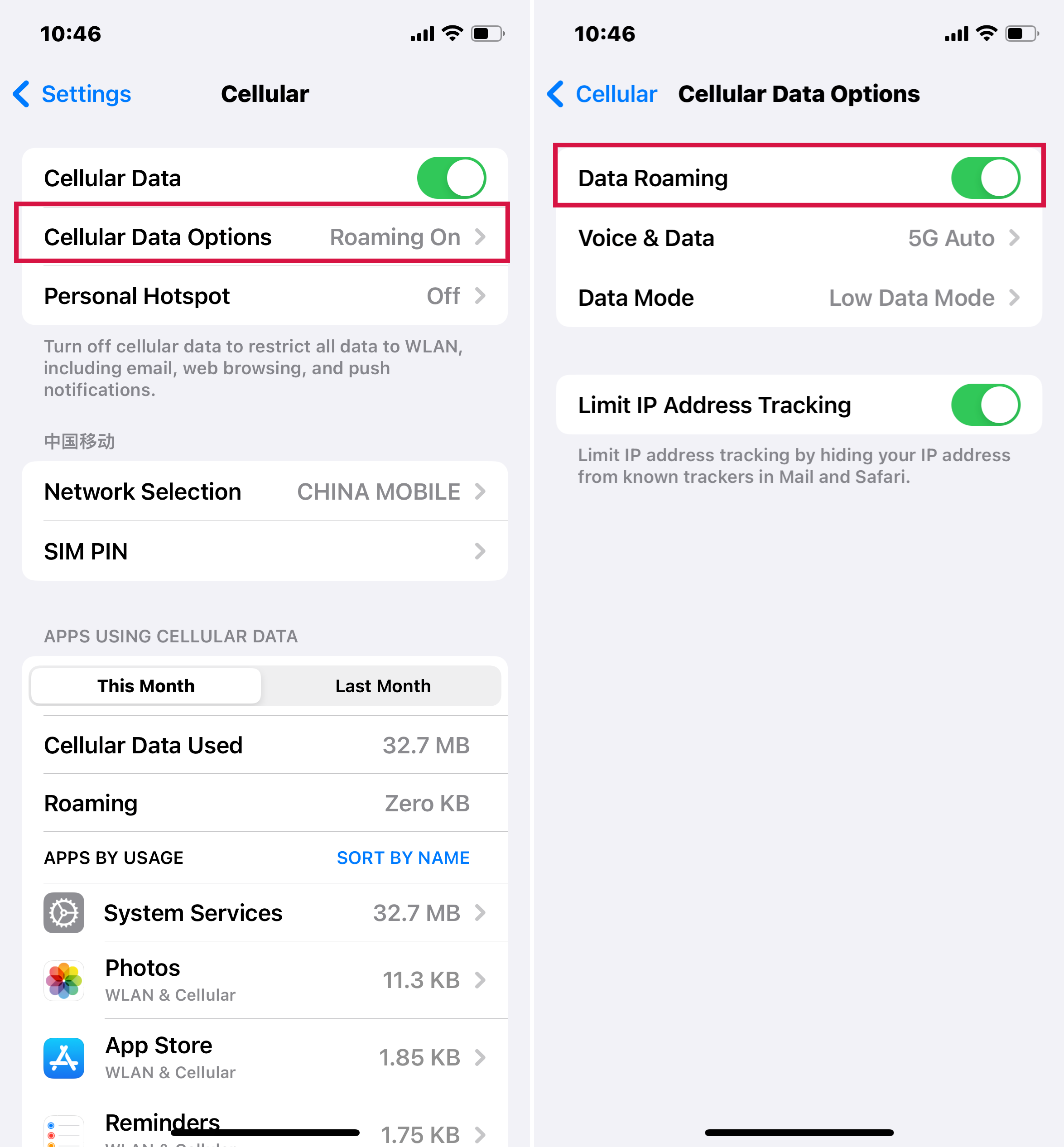 Configuración de iPhone Opciones de datos celulares Roaming de datos