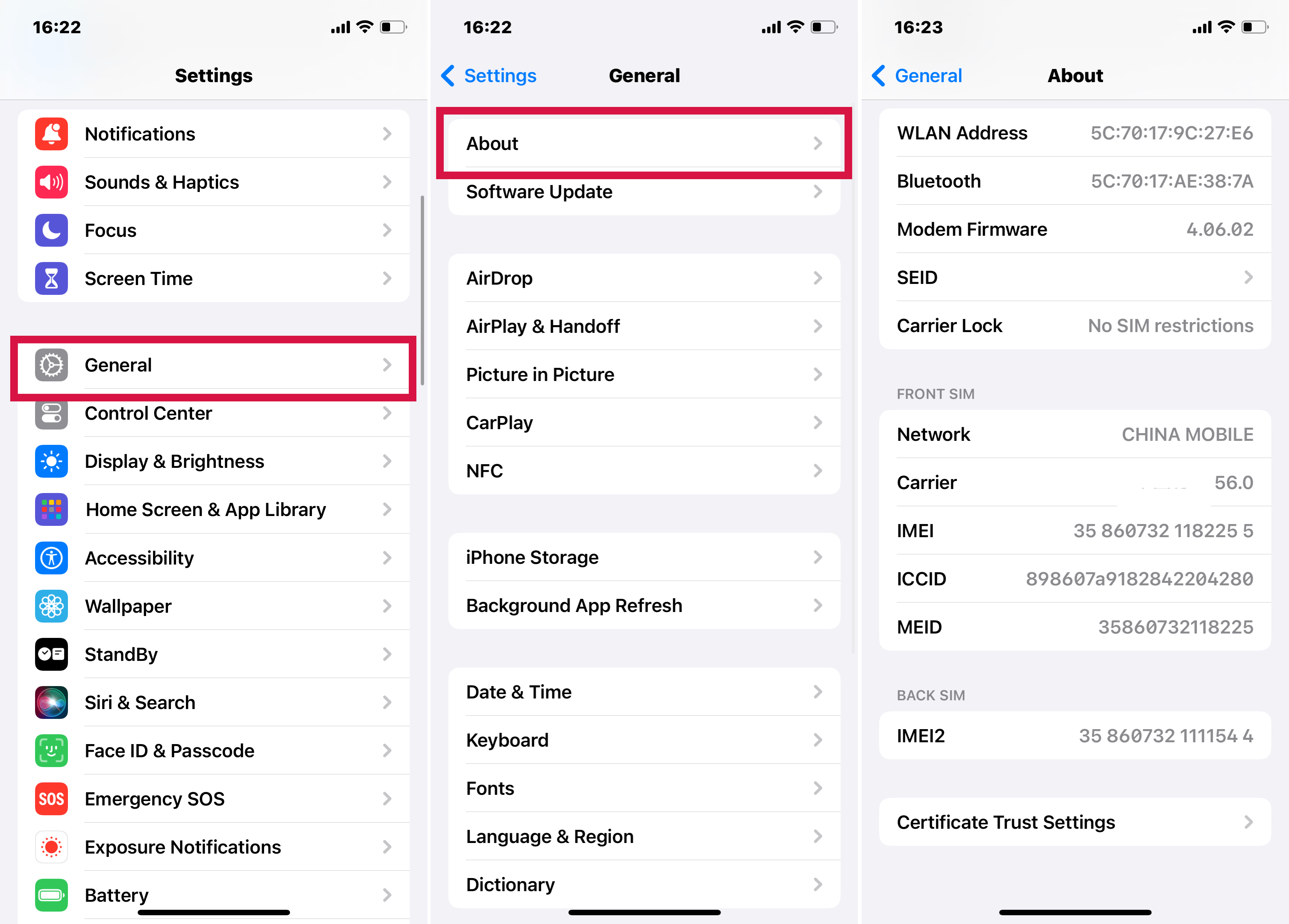 Configuración de iPhone General sobre Find Carrier