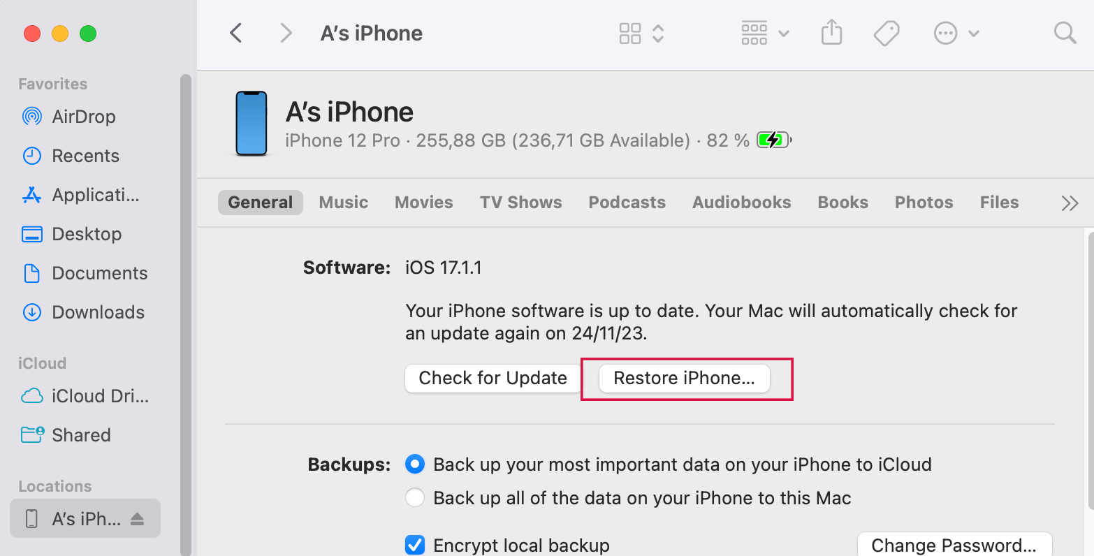 Restaurar iPhone a través de Finder