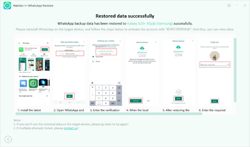 Watsgo - Restaurar la copia de seguridad de WhatsApp al dispositivo