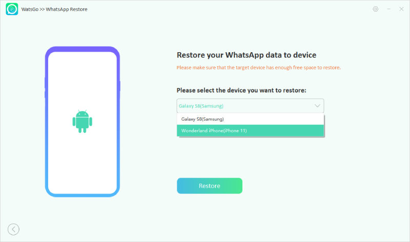 WatsGo - Seleccione el dispositivo para restaurar