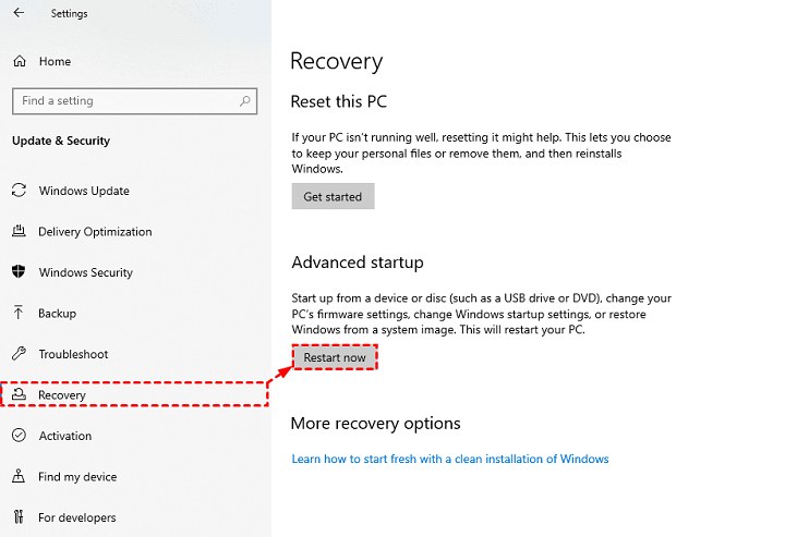 Menú de recuperación de actualización y seguridad en Windows 10