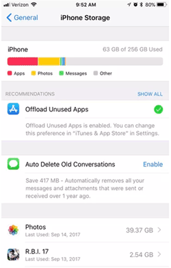 Inspeccione el almacenamiento de iPhone para arreglar la pantalla parpadeante