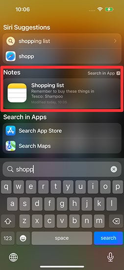 Spotlight Search Notes iPhone