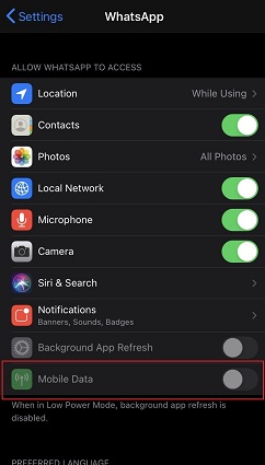 Apague los datos móviles para WhatsApp en iPhone