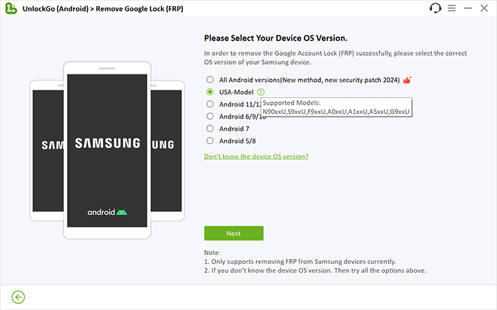 Seleccione una opción para evitar Samsung FRP