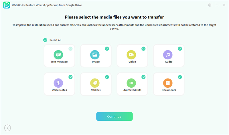 Seleccione datos para restaurar la copia de seguridad de Google Drive