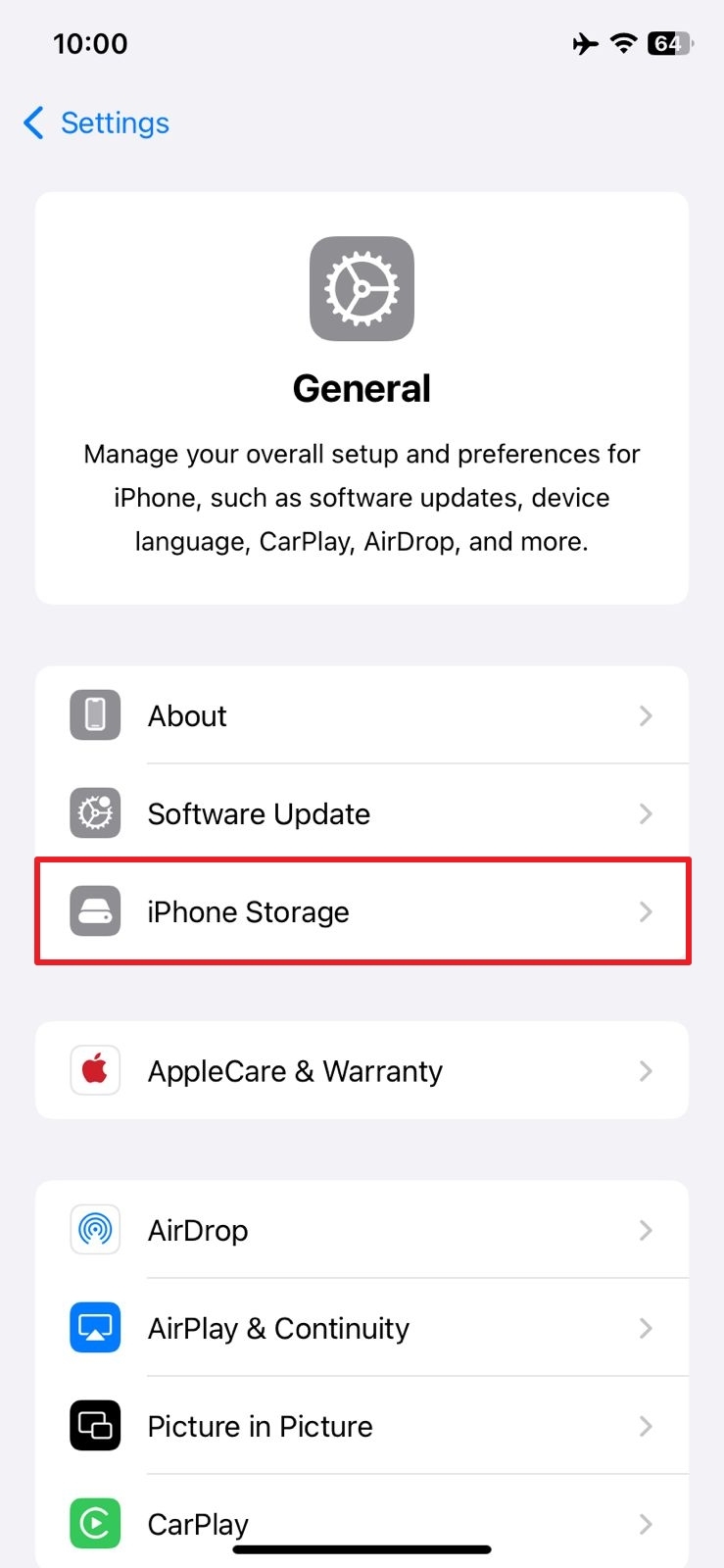 Acceder al almacenamiento de iPhone desde la configuración general