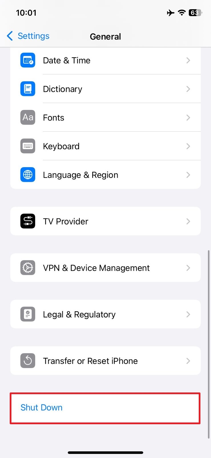 Localice la apagado de la configuración