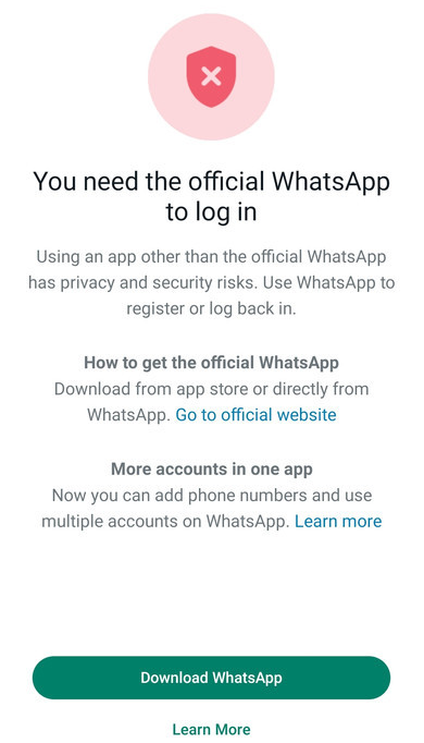 You need the official whatsapp to log in error.png